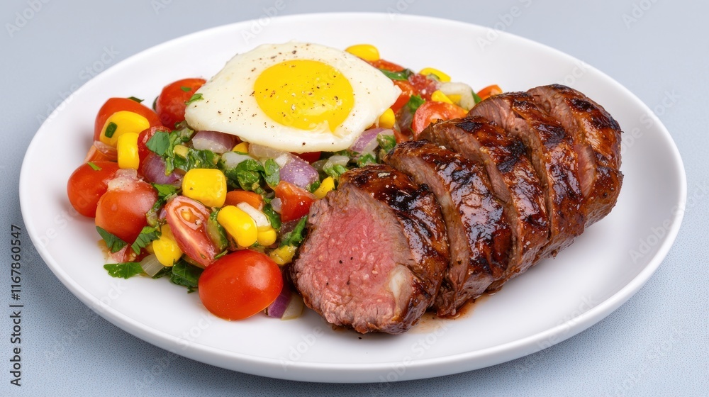 Grilled meat with a fried egg and fresh vegetable salad. Grilled meat with a fried egg and fresh vegetable salad.