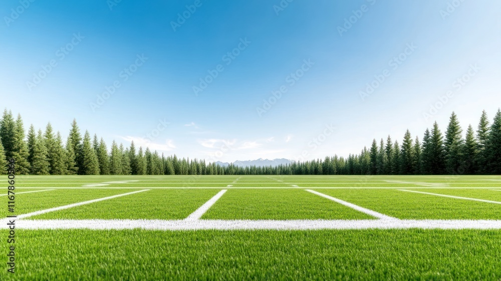 Obraz premium A clear football field surrounded by trees and mountains.