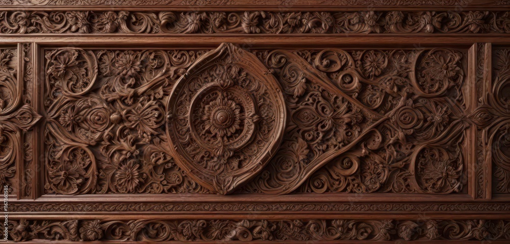 Richly carved wooden wall with intricate patterns, decor, interior, wood Richly carved wooden wall with intricate patterns, decor, interior, wood