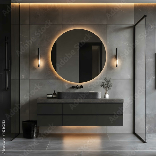 A modern bathroom with glossy gray wall tiles and matte gray floor tiles Black bathroom cabinets with a round mirror above the sink Two sleek and thin wallmounted lights