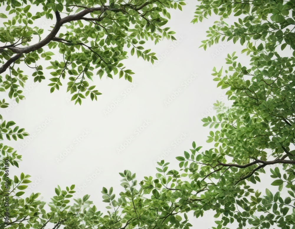 Fototapeta premium Tree branches with green leaves on a white background, forest, leaf, white background