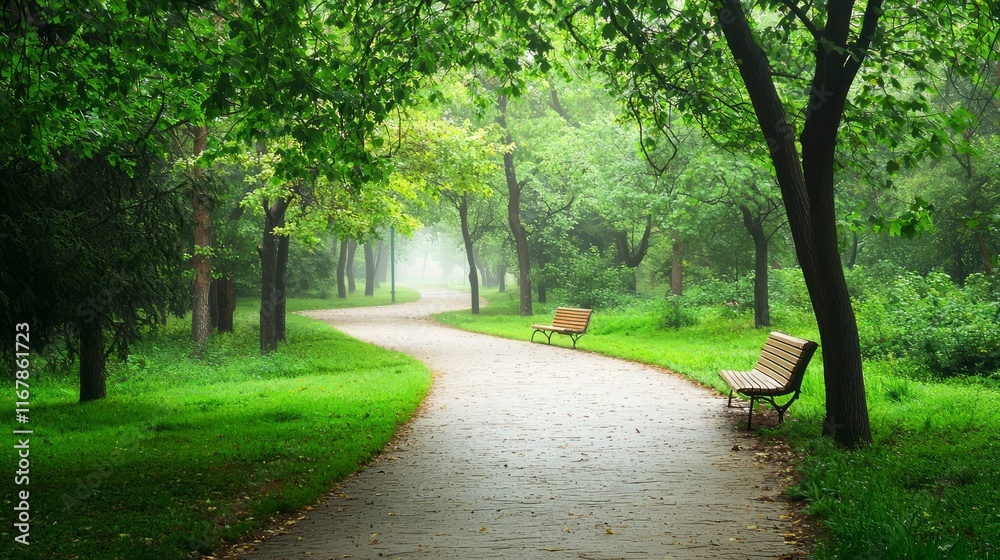 Tranquil Morning Stroll: Serene Park Paths Amid Misty Atmosphere for Relaxing Walks Tranquil Morning Stroll: Serene Park Paths Amid Misty Atmosphere for Relaxing Walks