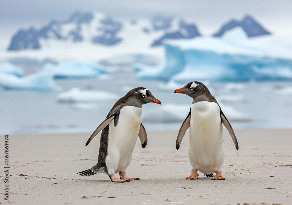 Fototapeta premium Two penguins walking on the seashore in Antarctica, close-up, full size. Blurred background.
