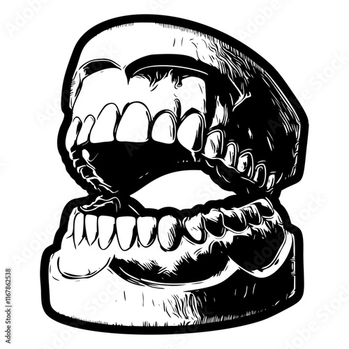 Human teeth denture illustration in retro black and white comic book style