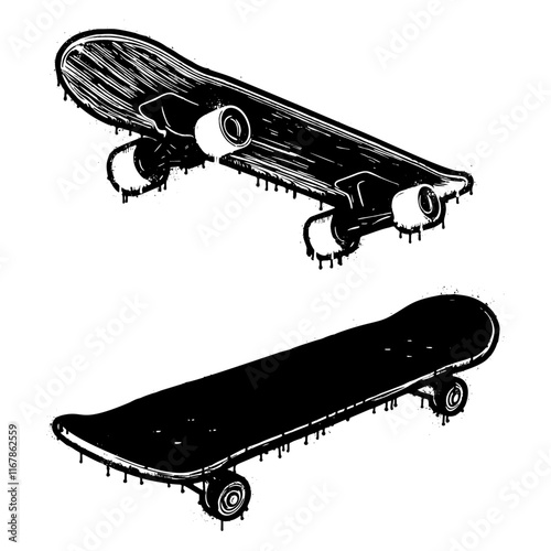 Skateboard illustrations in graffiti stencil style with dripping paint effect