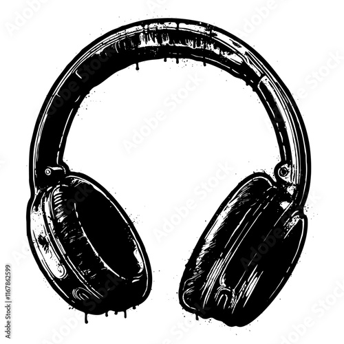 Classic headset illustration in graffiti stencil style with dripping paint effect