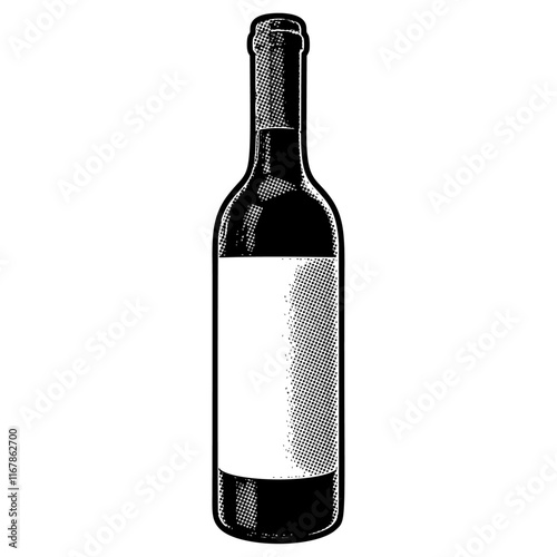 Generic whine bottle illustration in retro black and white halftone newspaper print graphic style