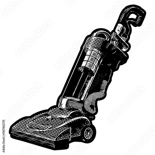 Generic vacuum cleaner illustration in retro black and white halftone newspaper print graphic style