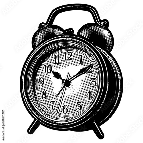 Classic alarm clock illustration in retro black and white halftone newspaper print graphic style