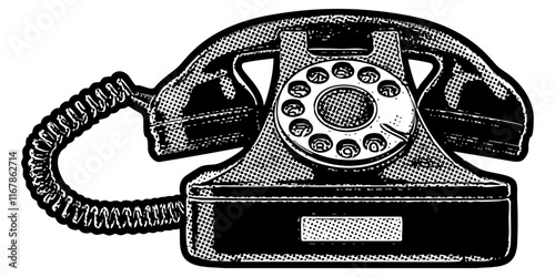 Old style rotary telephone illustration in retro black and white halftone newspaper print graphic style