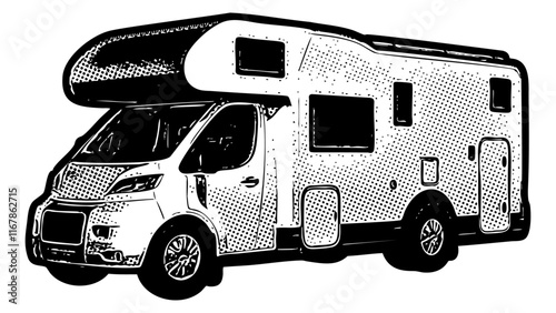 Recreational vehicle or motor home illustration in retro black and white halftone newspaper print graphic style