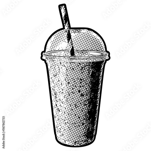 Smoothie or slushy illustration in retro black and white halftone newspaper print graphic style