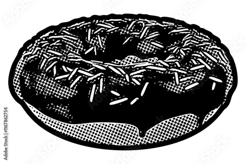 Simple donut illustration in retro black and white halftone newspaper print graphic style