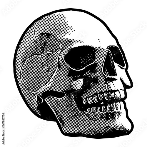 Three quarter view human skull illustration in retro black and white halftone newspaper print graphic style