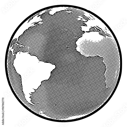 Earth globe illustration in retro black and white halftone newspaper print graphic style