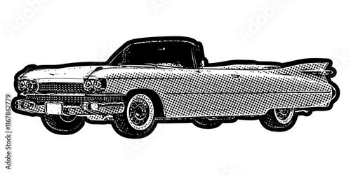 Vintage 1950s convertible car illustration in retro black and white halftone newspaper print graphic style