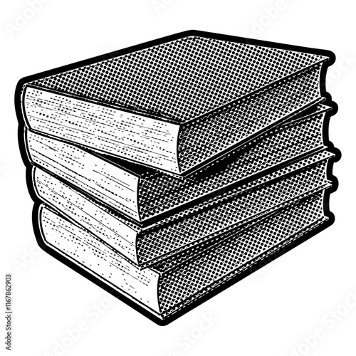 Pile of books illustration in retro black and white halftone newspaper print graphic style