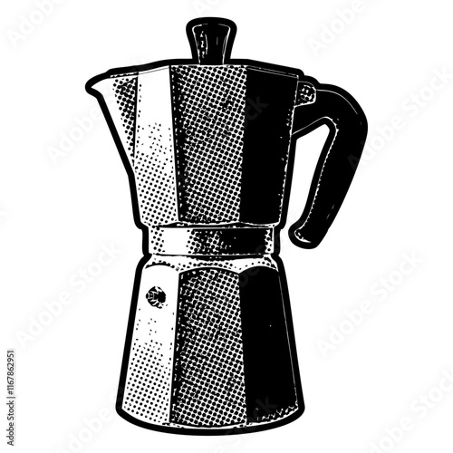 Moka pot coffee maker illustration in retro black and white halftone newspaper print graphic style