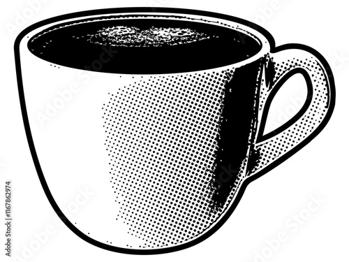 Cup of coffee illustration in retro black and white halftone newspaper print graphic style