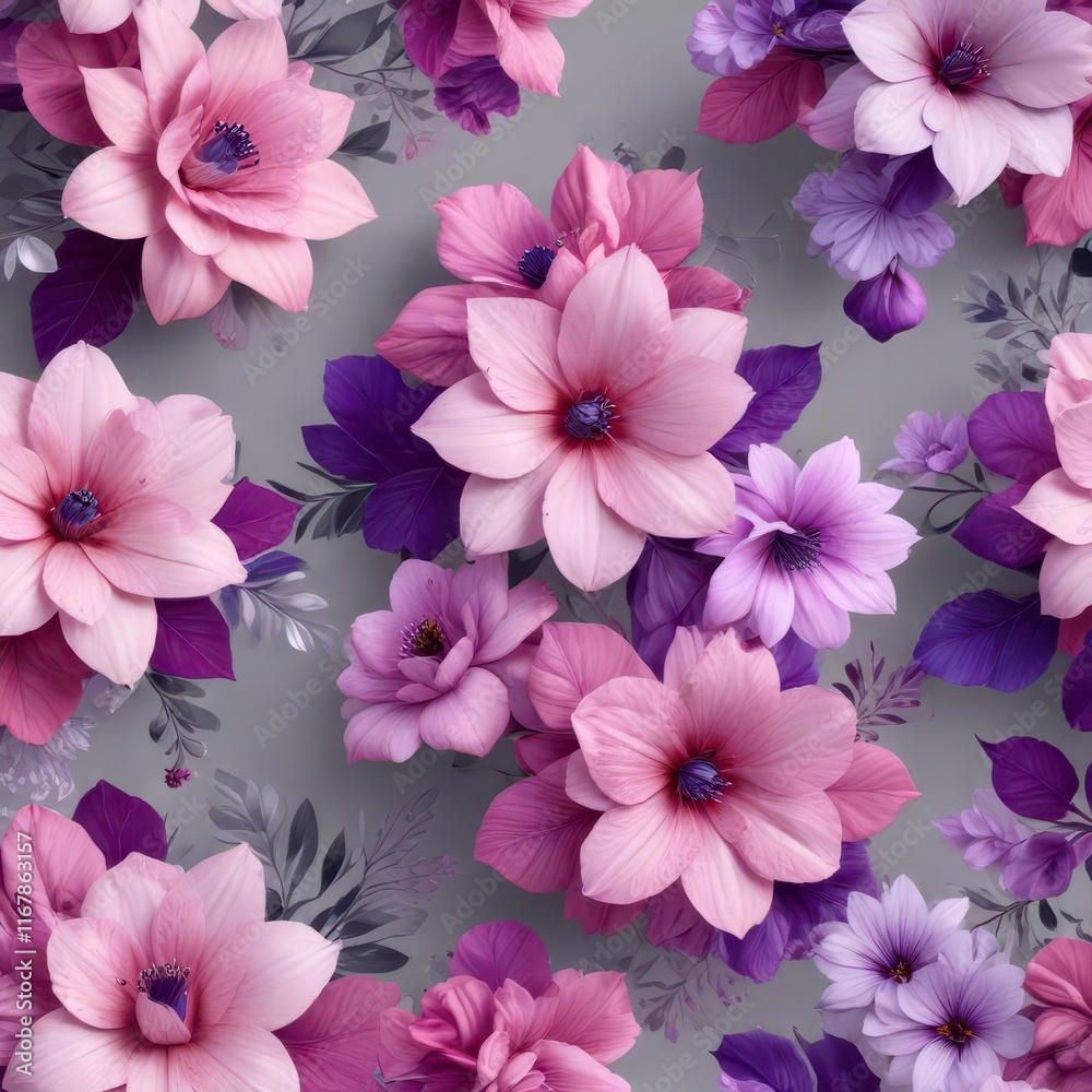 Vibrant floral patterns in shades of pink and purple on a pale gray background , free-spirited, gray, playful Vibrant floral patterns in shades of pink and purple on a pale gray background , free-spirited, gray, playful