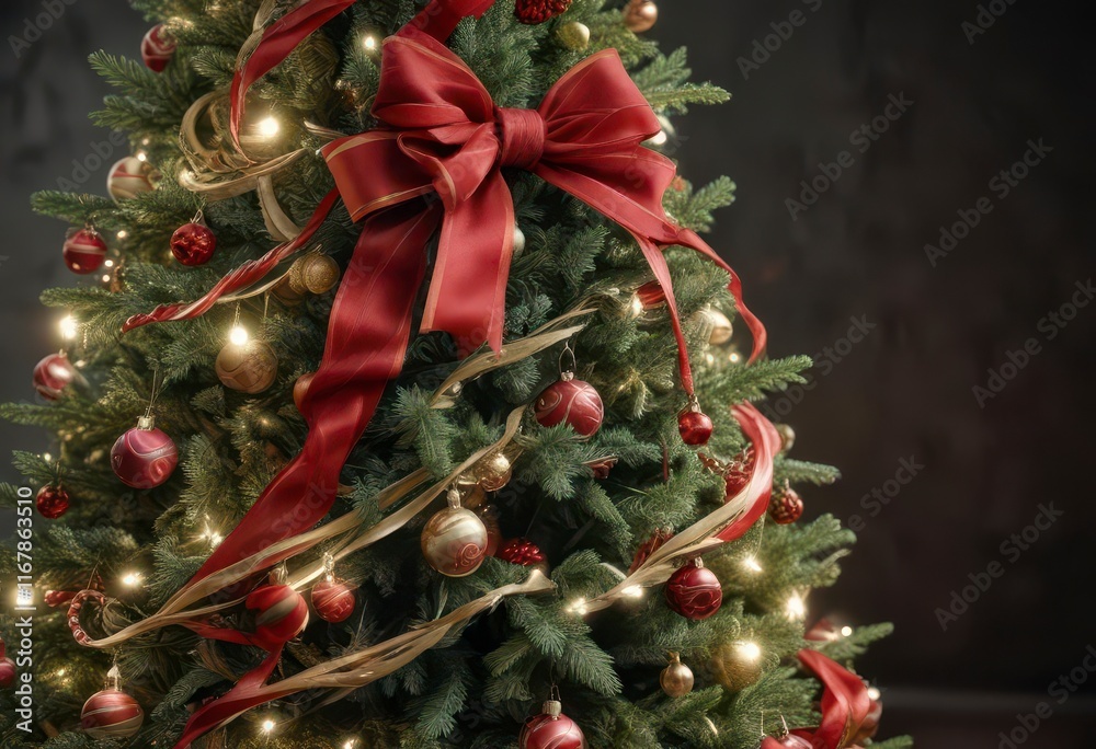 Fototapeta premium Swirl ribbons wrapped around a Christmas tree, Christmas, black background, banner