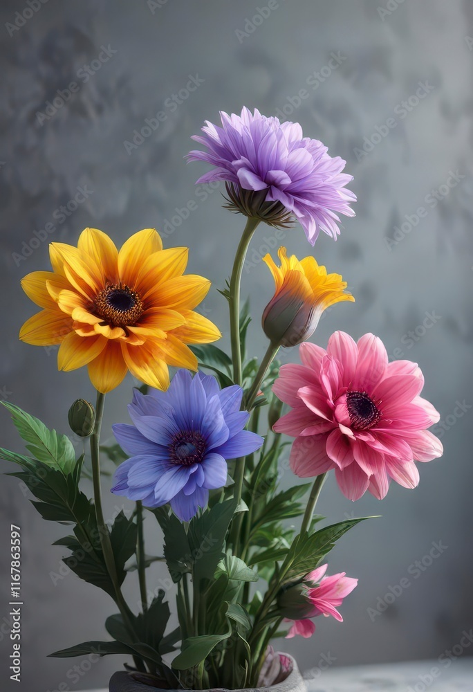 Three colored flowers blooming together in harmony, flower arrangement, harmony, garden Three colored flowers blooming together in harmony, flower arrangement, harmony, garden