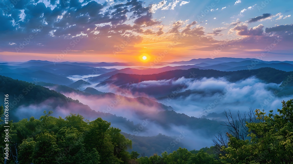 Breathtaking Sunrise Over Misty Mountain Valley with Colorful Sky and Rolling Fog in Background, Capturing Nature's Serenity and Beauty at Dawn Breathtaking Sunrise Over Misty Mountain Valley with Colorful Sky and Rolling Fog in Background, Capturing Nature's Serenity and Beauty at Dawn
