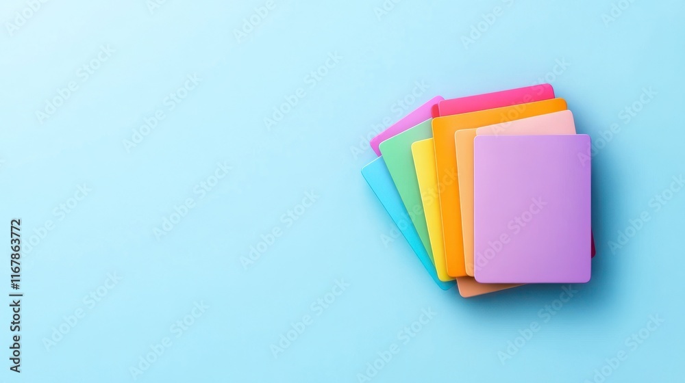 Colorful cards stacked on a light blue background. Colorful cards stacked on a light blue background.