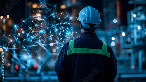 A worker in a hard hat and safety vest stands before a glowing network visualization, symbolizing digital transformation in industrial settings. The background shows an industrial plant at night.