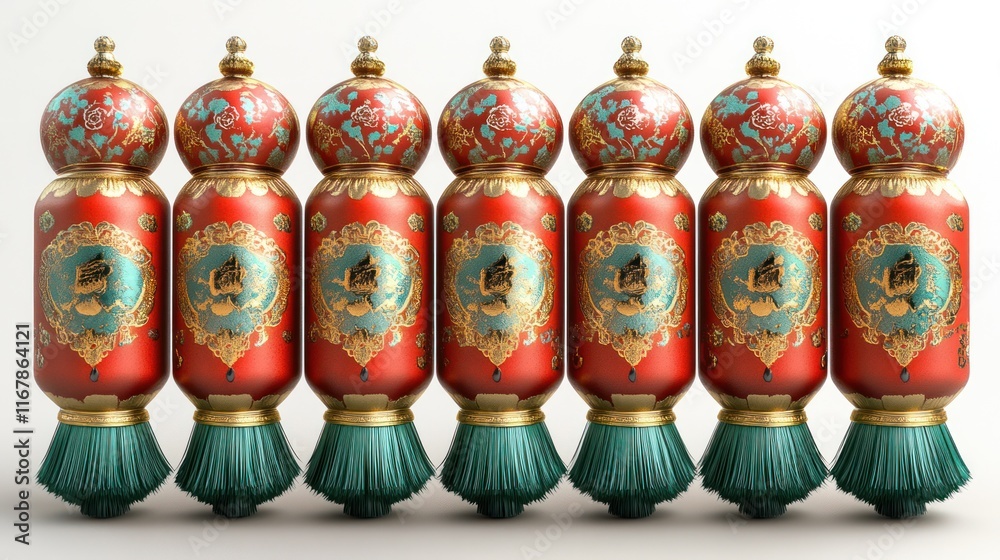 Fototapeta premium Seven ornate red and gold cylindrical containers with teal bases, arranged in a row.