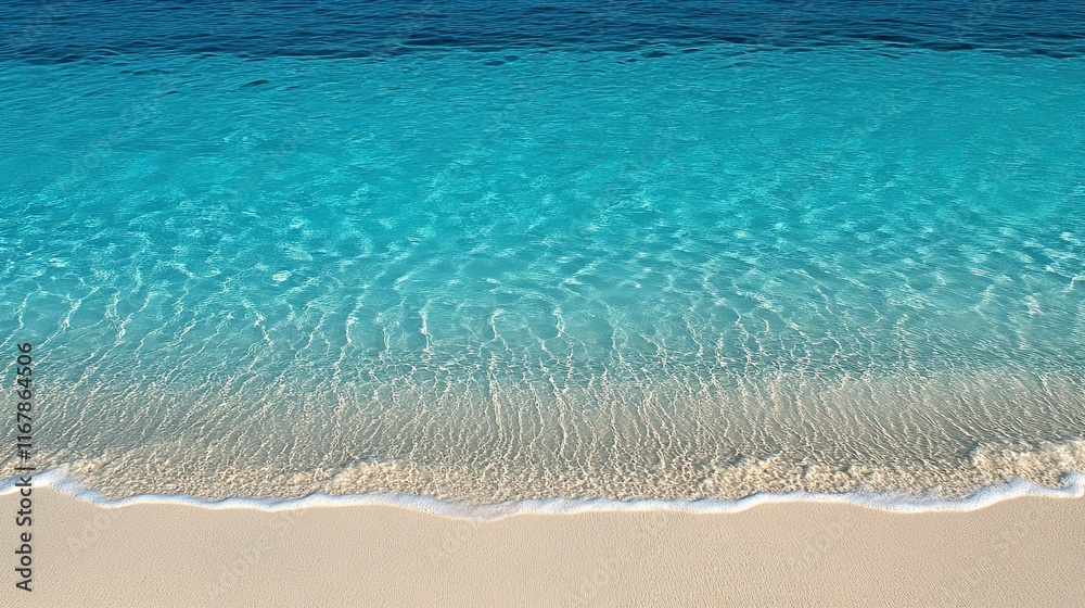 Calm turquoise ocean waves lapping on white sand beach. Calm turquoise ocean waves lapping on white sand beach.