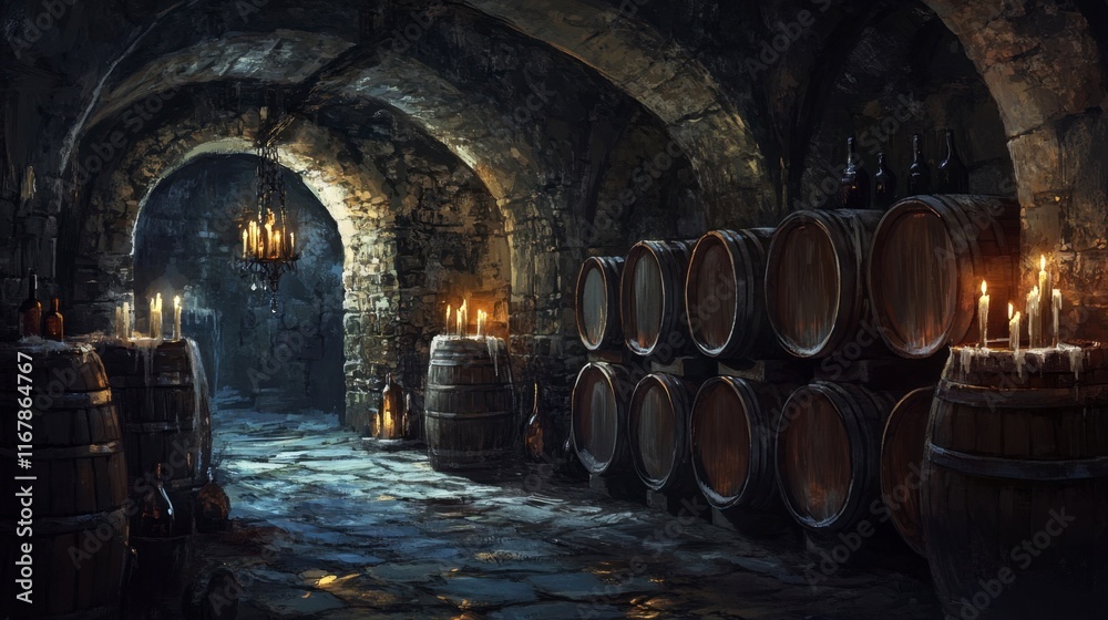 Naklejka premium Ancient Wine Cellar with Candles, Oak Barrels, Stone Walls