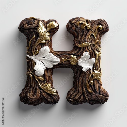 Elegant Wooden Letter H with Gold and Floral Accents