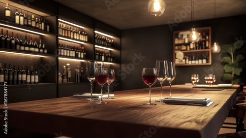 Wine Tasting Room, Elegant Wooden Table, Red Wine Glasses, Dark Interior