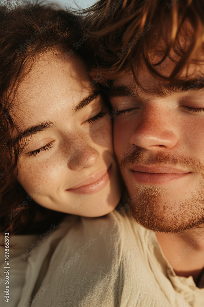 Couple embraces warmly, smiling softly against a bright backdrop of sunshine