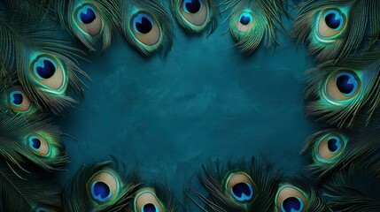 peacock feathers frame isolated on deep turquoise green background with copy space center