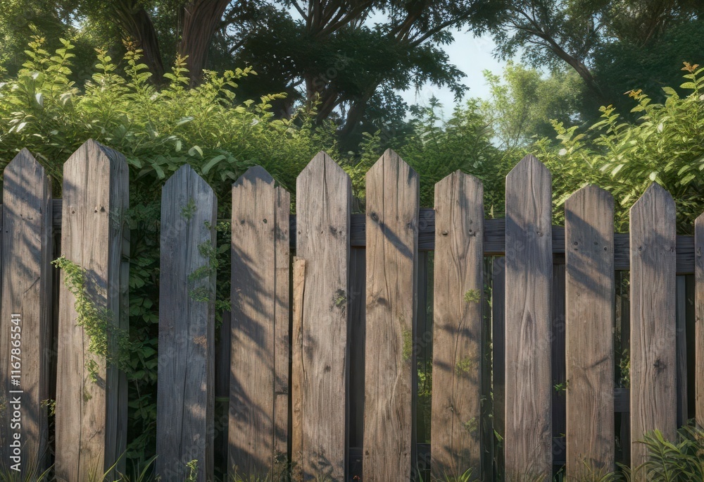 Weathered wooden fence with overgrown vegetation , rustic landscape, grunge background, earthy tones Weathered wooden fence with overgrown vegetation , rustic landscape, grunge background, earthy tones