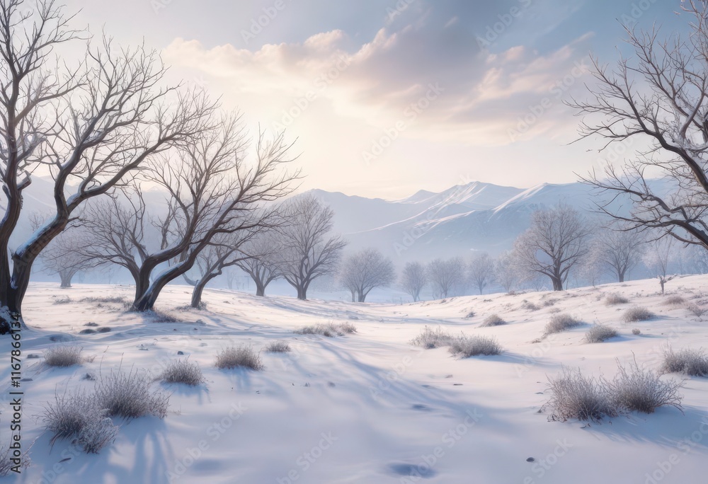 Winter wonderland with bare branches, frosty air and vast expanse of white ,  peaceful,  empty,  branches