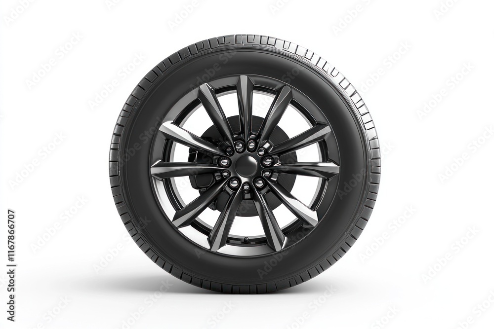 Black Tire with Spoked Alloy Wheel on White Background Black Tire with Spoked Alloy Wheel on White Background