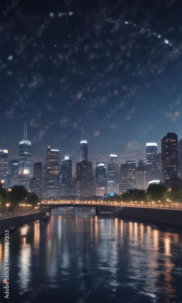 Circular bokeh of city lights against a deep blue sky, night scene, urban, abstract Circular bokeh of city lights against a deep blue sky, night scene, urban, abstract