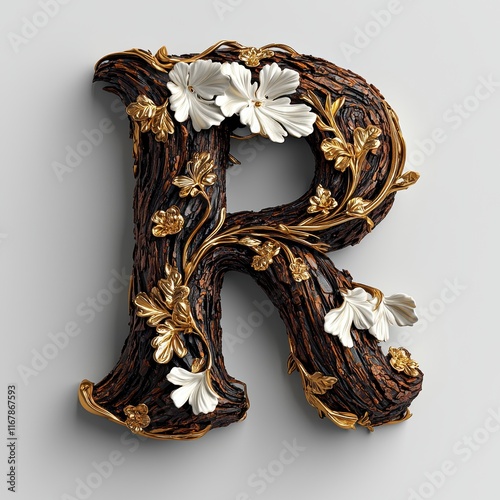 Elegant Wooden Letter R with Gold and Floral Accents