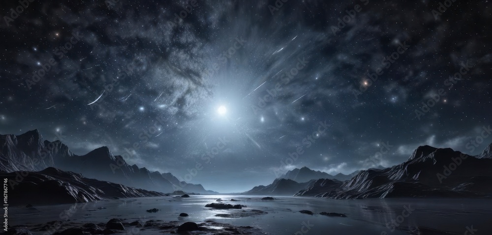 Fototapeta premium Celestial canvas with twinkling stars and silvery moonlit glow, twilight, galaxy