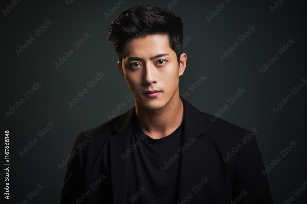 Fototapeta premium A man in a black suit and jacket is standing in front of a dark background