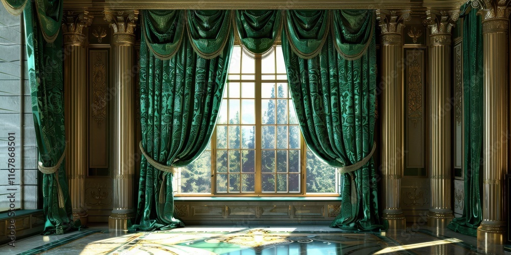 Fototapeta premium Luxurious emerald green brocade curtains, richly detailed with bold floral patterns, drape elegantly around a large window in a vintage, opulent setting, exuding timeless richness.