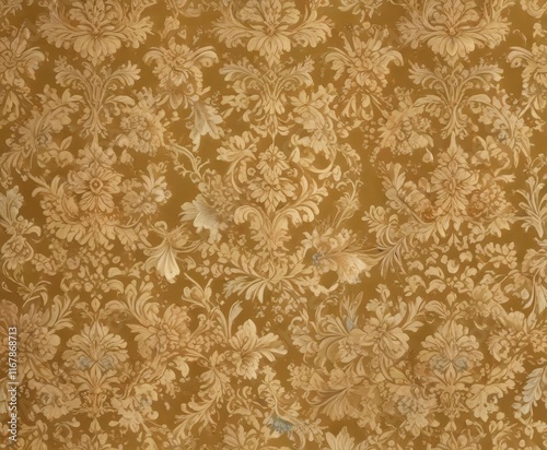 Damask pattern with intricate floral designs on a muted gold background ,  wallpaper,  classic