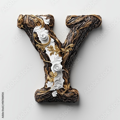 Elegant Wooden Letter Y with Gold and Floral Accents