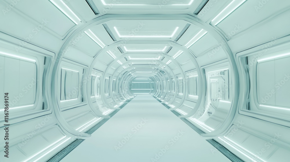 Obraz premium Futuristic Space Station Corridor with Soft Illumination and Cinematic Curve View