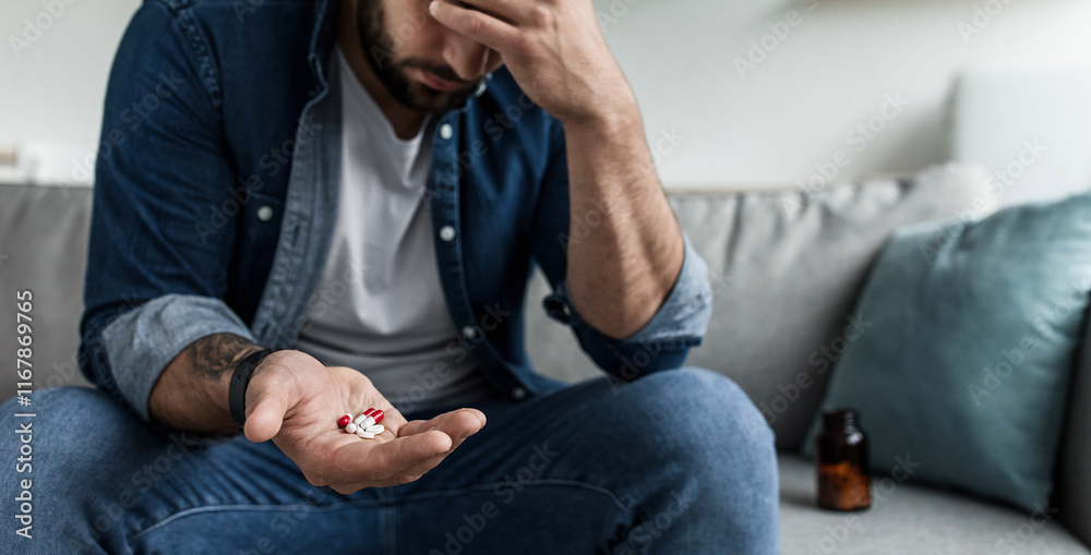 Commit suicide, health problems, depression and bad feeling. Pain, deep unhappy. Sad upset attractive young guy, hold many different pills in hand, hold his head in living room interior, copy space Commit suicide, health problems, depression and bad feeling. Pain, deep unhappy. Sad upset attractive young guy, hold many different pills in hand, hold his head in living room interior, copy space