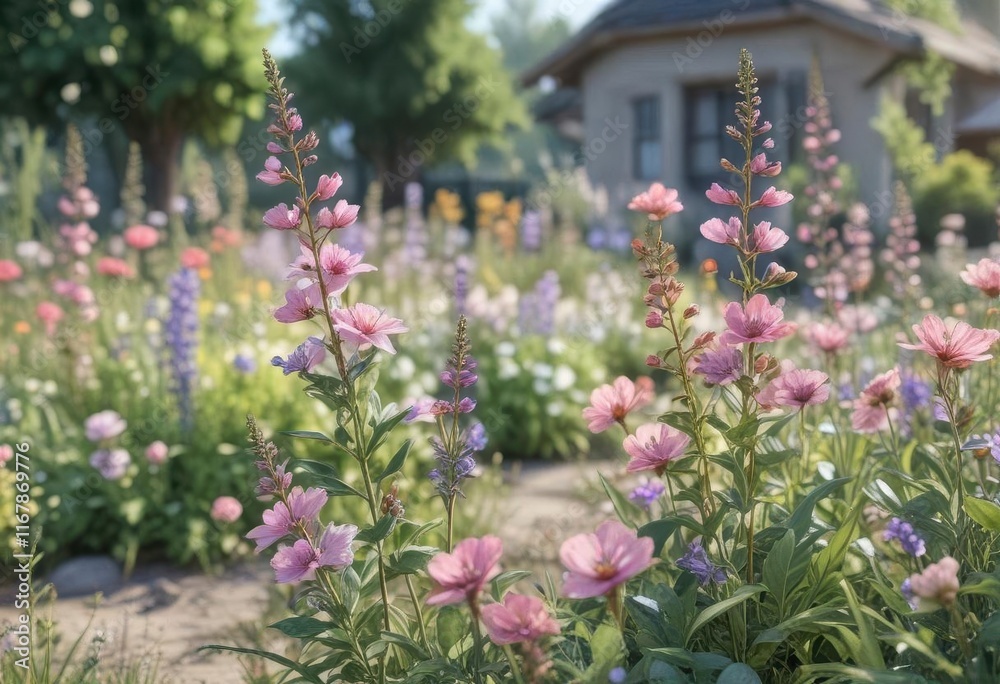 Delicate watercolor flowers blooming in a garden,  illustration,  floral