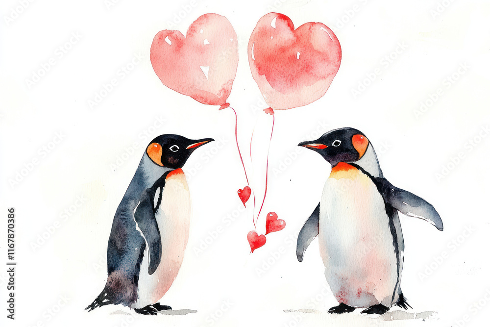Naklejka premium A Cheerful penguins holding heart balloons, expressing love and joy
